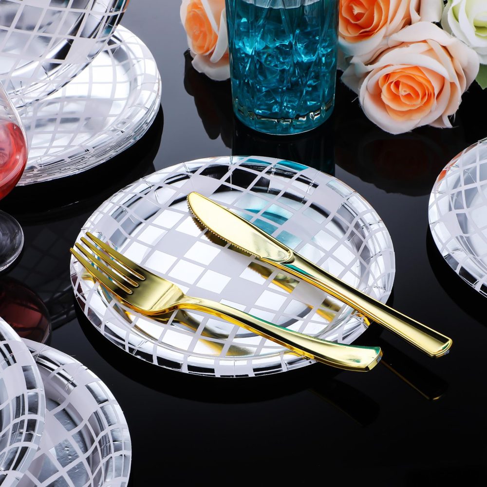 YUXIANLB 25Pcs Disposable Disco Ball Plates for 70s Disco Bachelorette Party Decoration Wedding Birthday Plate 7" (Silver) - Image 5
