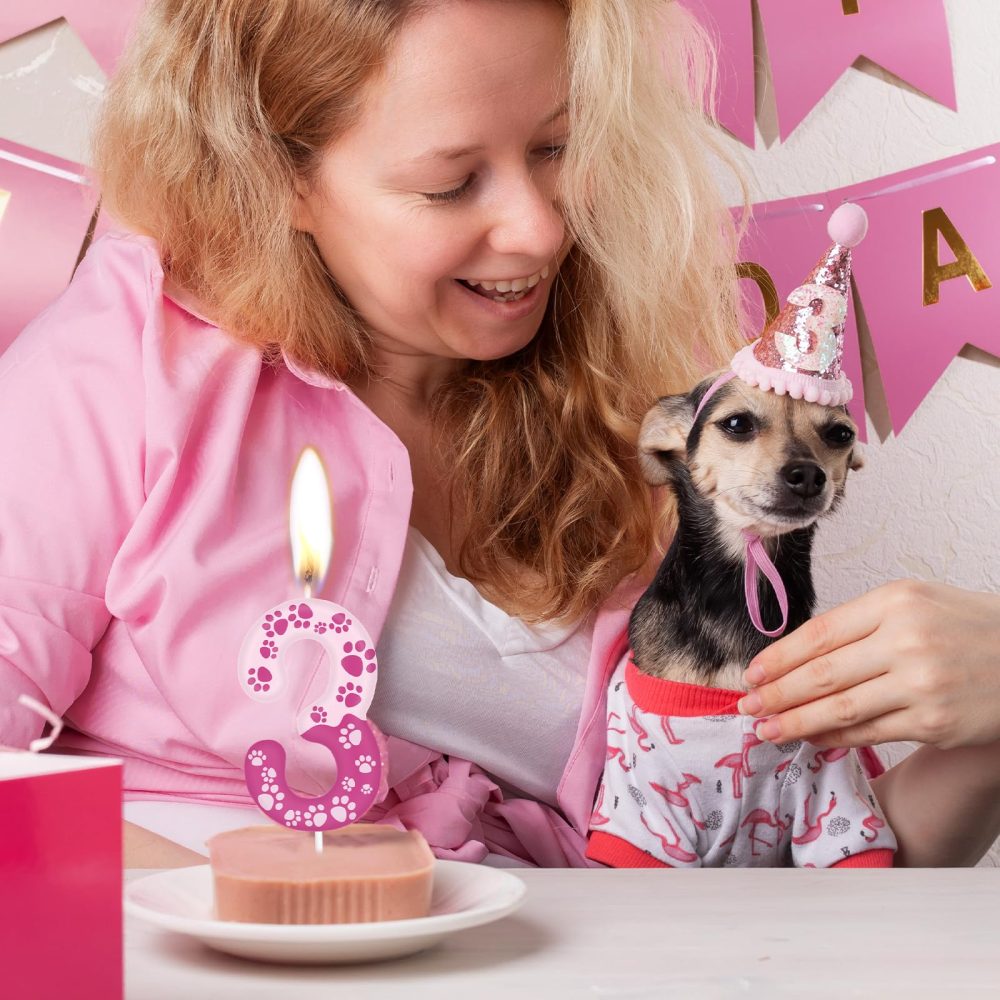 Pink Dog Paw Themed Birthday Candles,Pink 4th Birthday Number Candles,Pink Number 4 Candles for Cake,Pink Dog Paw Print Cake Candle Cake Topper for Girls Boys Birthday Party Decorations Supplies - Image 2