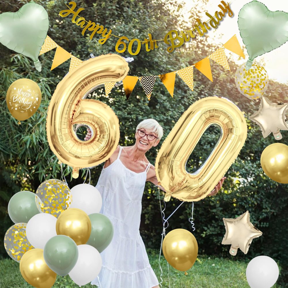 60th Birthday Decorations Women Men - Green Gold Birthday Party Decoration Balloons Set With Banners Paper Pom Confetti Latex Balloon Happy 60th Birthday Cake Toppers for 60 Years Birthday Supplies - Image 3