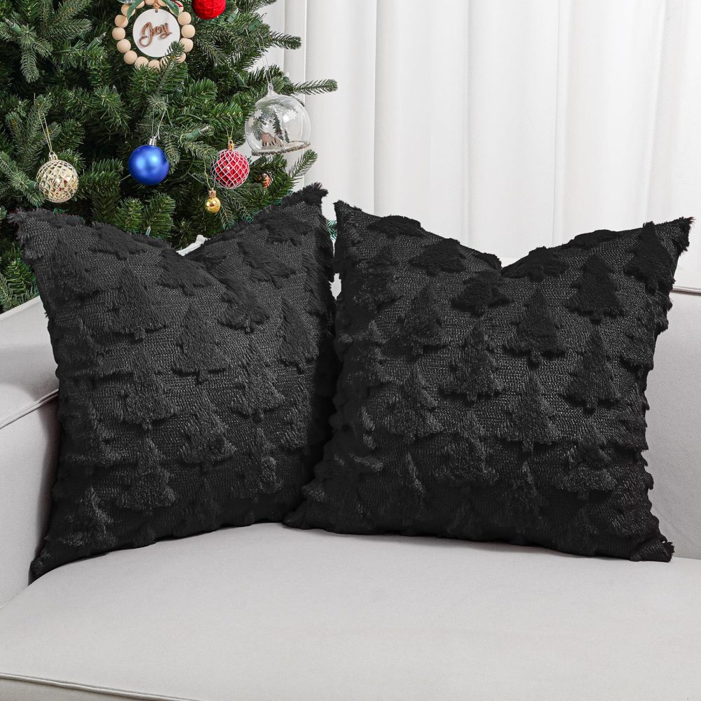 Lewondr Christmas Throw Pillow Cover 18x18, Set of 2 Super Soft Faux Fur Pillow Covers Velvet Christmas Tree Embroidery Decorative Throw Pillowcase for Living Room Bed Couch Sofa Car Home Decor, Black