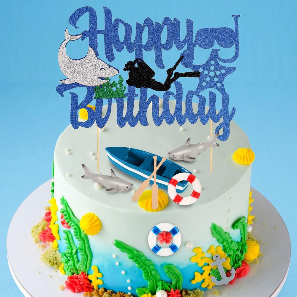 Shark Cake Topper Kit, Beach Baby Shark Cupcake Topper Set Including Shark Figurines Boat Anchor Paddle Life Buoy for Boys Girls Ocean Themed Birthday Party Under The Sea Fish Decorations Supplies - Image 2