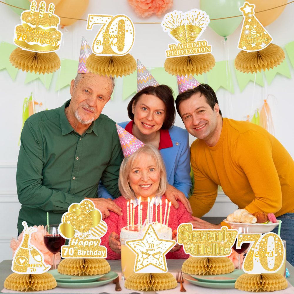 RUMIA 9Pcs White Gold 70th Birthday Decorations for Women White Gold Happy 70th Birthday Honeycomb Centerpiece for Women Men 70th Birthday Party Centerpiece Table Decorations Supplies - Image 4