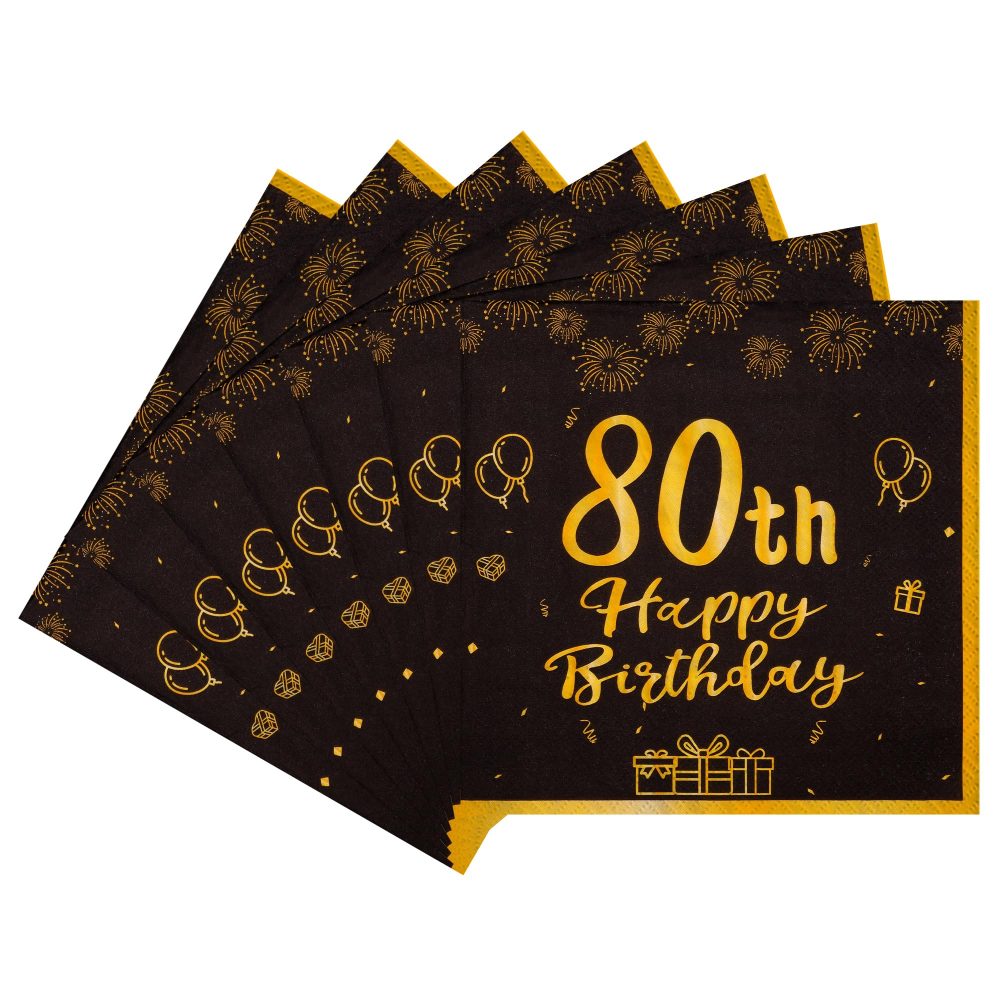 TOPWAYS Black Gold 80th Birthday Decorations Paper Napkins, 60pcs Disposable Paper Birthday Napkins Table Decoration for Women Men 80 Birthday Party Supplies Table Decoration, Birthday Tissue (80th) - Image 2
