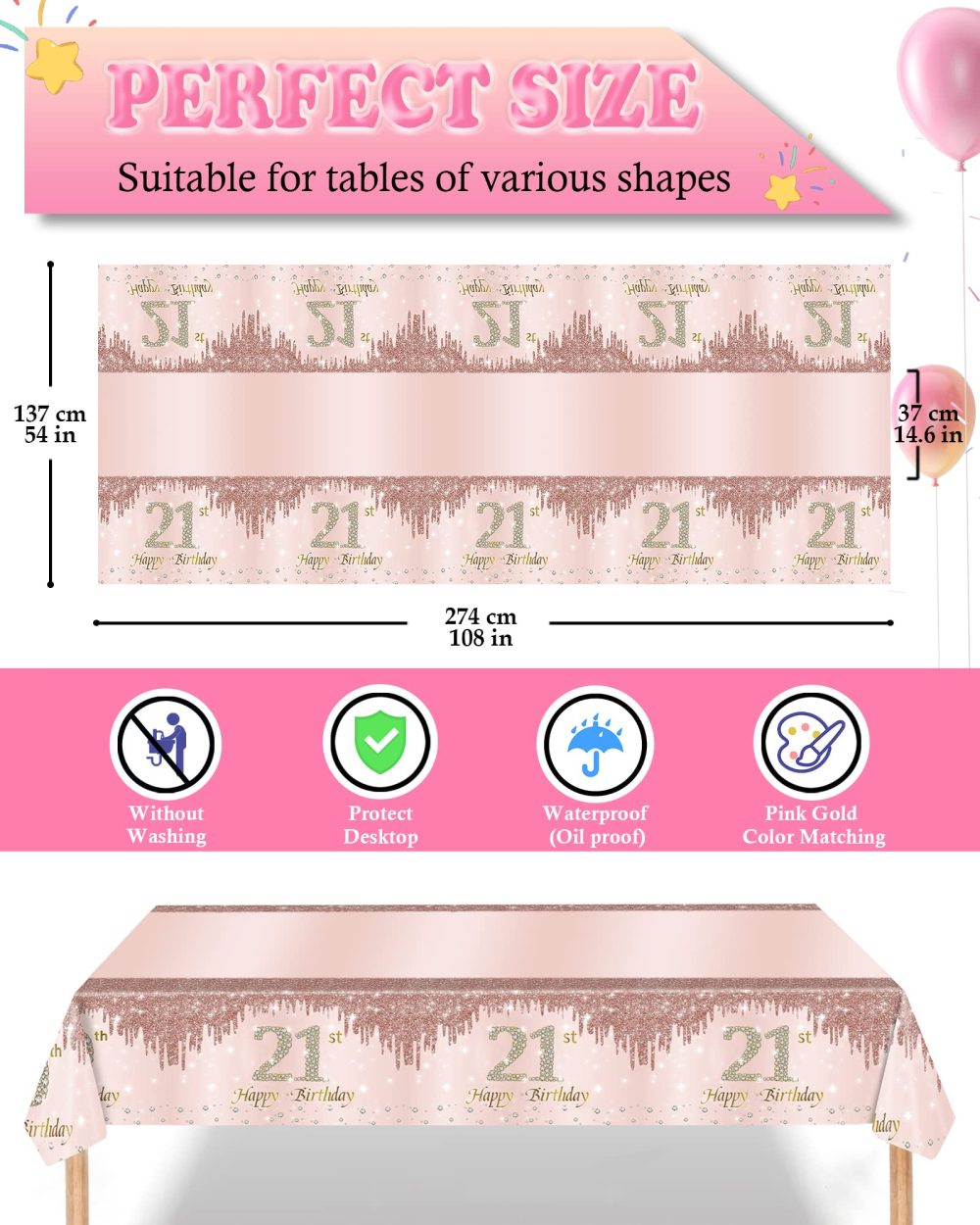 VReder Rose Gold 21th Birthday Decorations Party Tableware Set, Disposable Paper Party Plates Cups Napkins Tablecloth for Girls 21st Birthday Party Decorations Table Supplies 16 Guests - Image 2