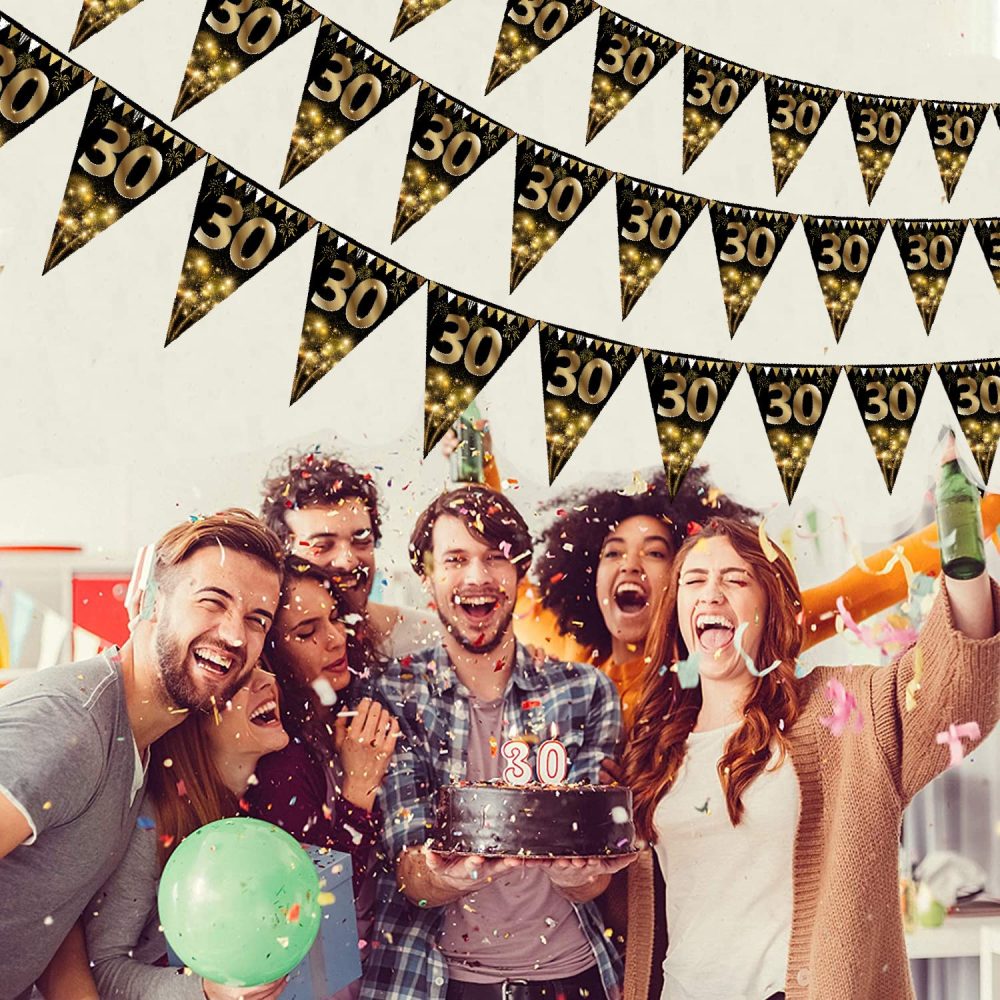 40Pcs Happy 30th Birthday Banner Bunting Flags Gold and Black Glitter 30th Birthday Anniversary Party Decoration Supplies,30th Birthday Triangle Flag Banners for Men Women - Image 4