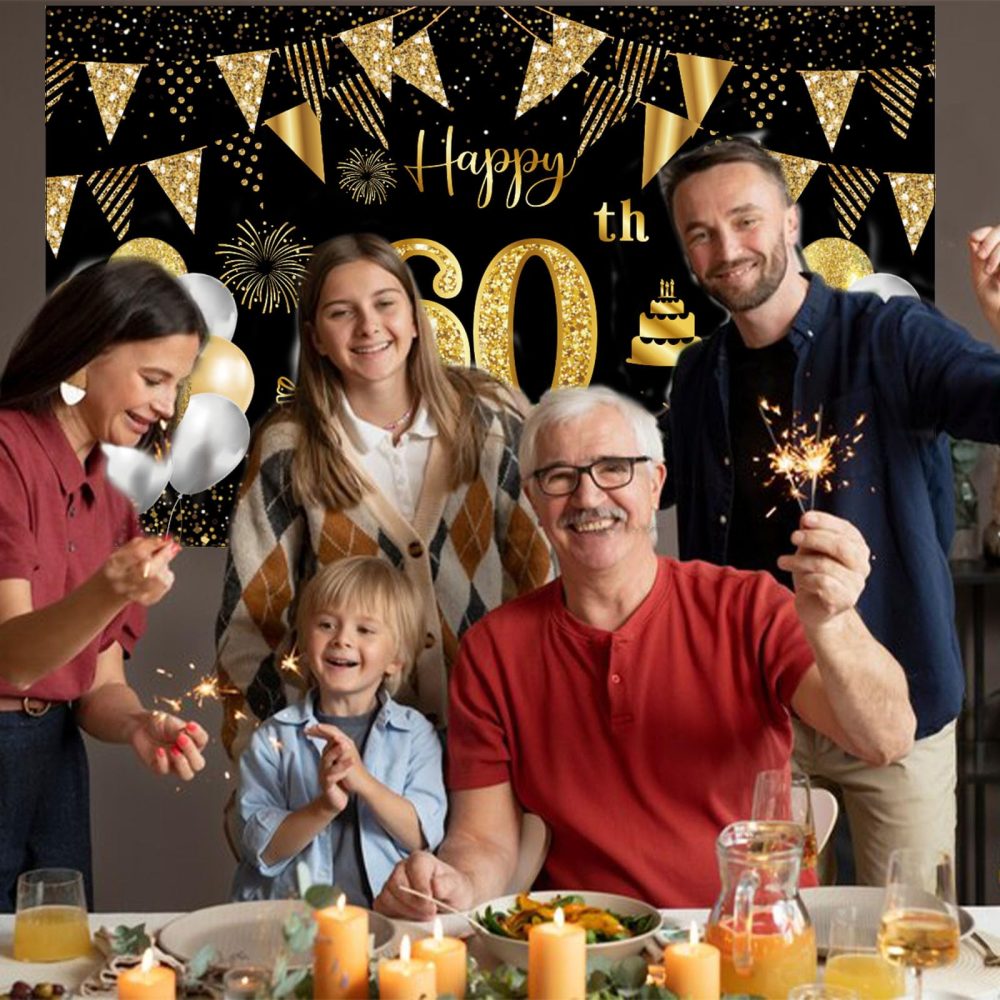 60th Birthday Decorations for Men Women Black Gold Happy Birthday Backdrop Banner Photography Background Birthday Party Supplies Gifts 180x110CM (60th-Birthday) - Image 3