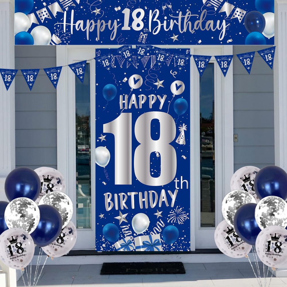 18th Birthday Decorations for Boys Girls Blue and Silver Happy 18th Birthday Banner 18th Birthday Balloons Happy Birthday Backdrop Door Banner Triangle Flag Confetti Balloons 18th Party Supplies - Image 6