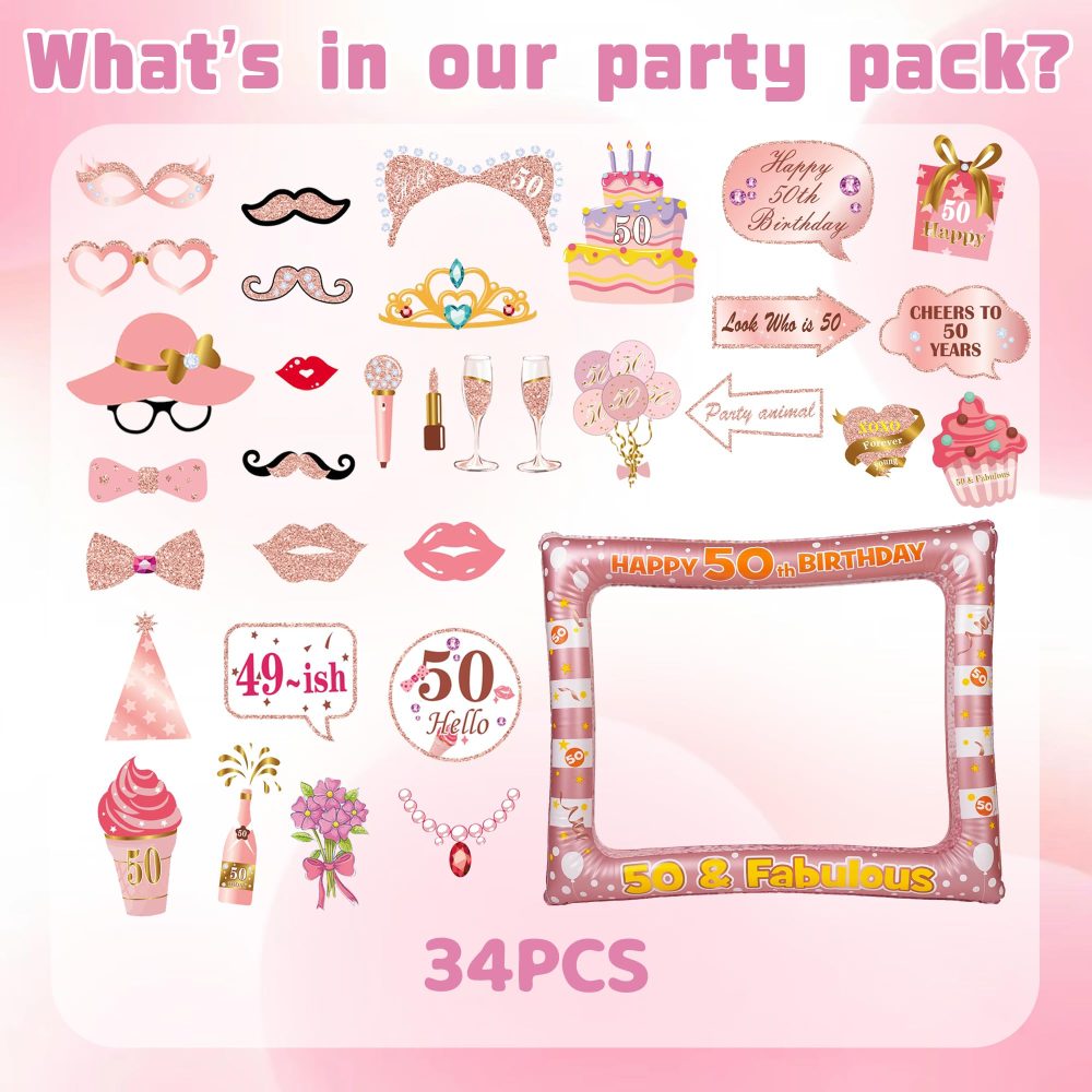 Rose Gold 50th Photo Props - 34 Pieces 50th Photo Booth Props Rose Gold Inflatable Selfie Frame 50th Birthday Photo Booth Props for Women Men 50th Birthday Party Supplies 50th Birthday Gift - Image 7