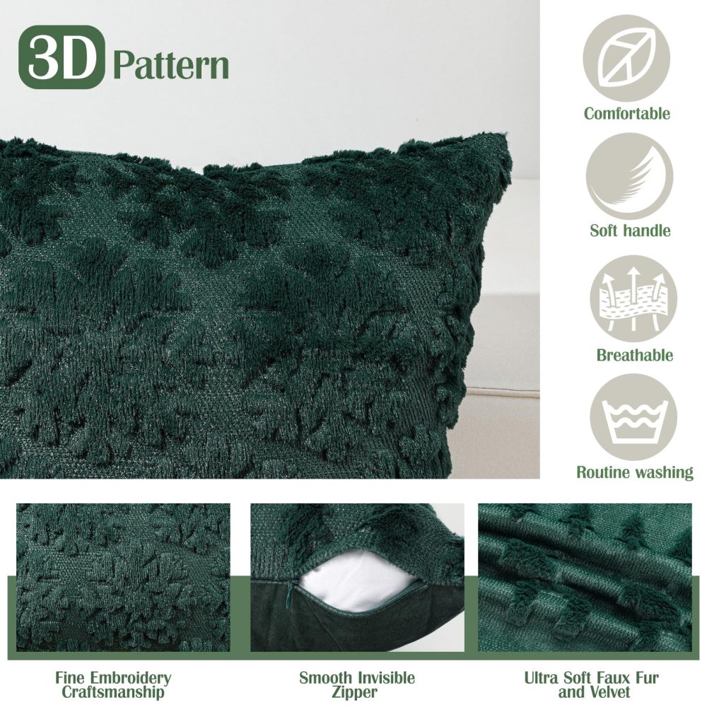 Lewondr Christmas Throw Pillow Cover 20x20, Set of 2 Super Soft Faux Fur Throw Pillow Covers Velvet 3D Snowflakes Embroidery Decorative Throw Pillowcase for Living Room Bed Couch Home Decor, Green - Image 5