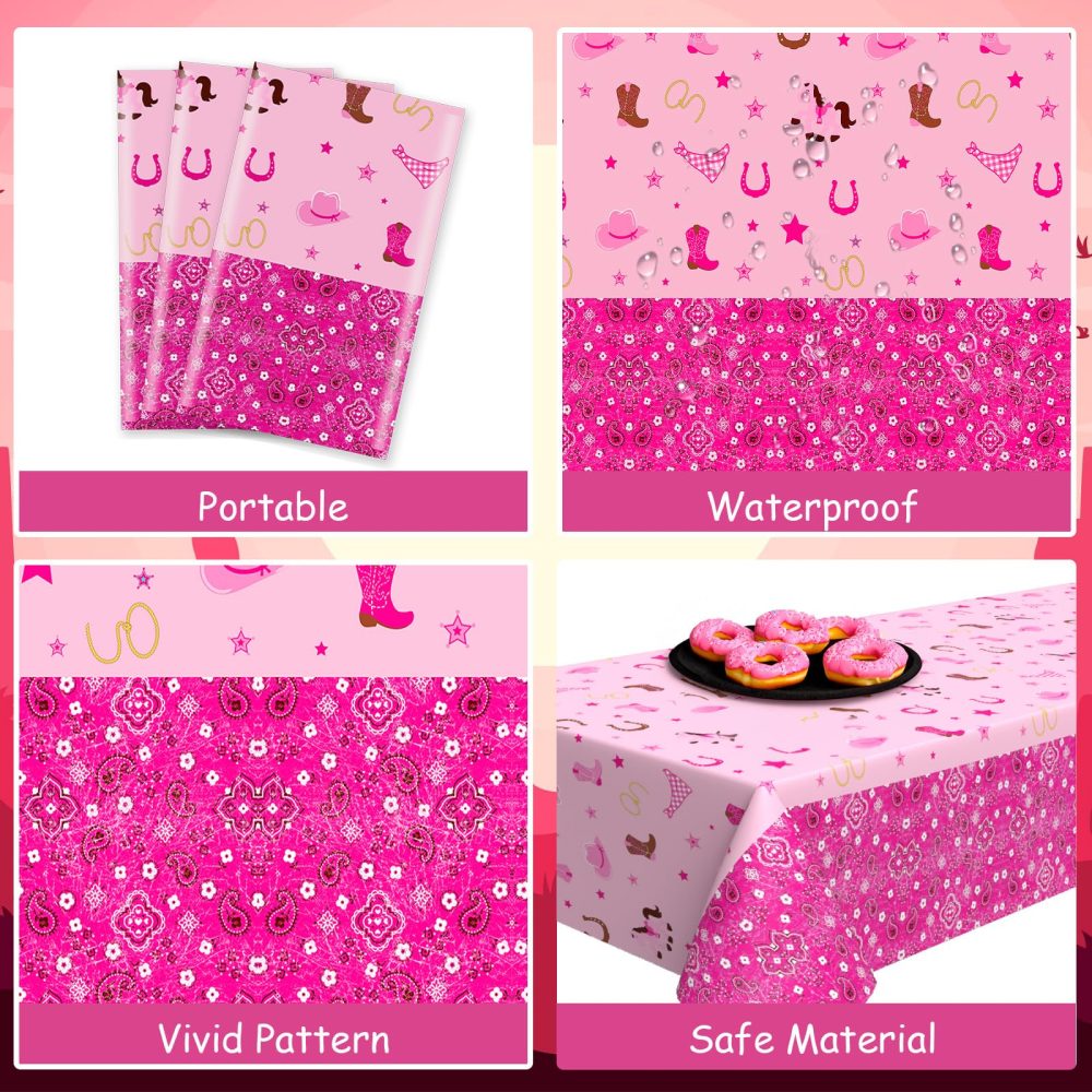 Cowgirl Table Cloth Western Cowgirl Plastic Table Cover Pink Felt Horse Tablecloth Rectangular Tablecloths Disposable Wipe Clean Waterproof Table Cloths Covers for Girls Birthday Party Supplies, 1pc - Image 4