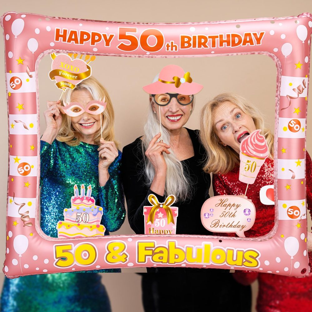 50th Birthday Photo Booth Frame and Inflatable Selfie Frame, 35 Pcs Birthday Decorations for Men Women Girls, 50th Birthday Pink Photo Booth Props, 50th Birthday Party Supplies Decor - Image 4