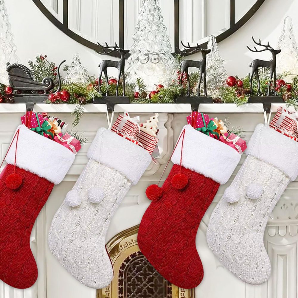 TATAFUN 2 Pack Knitted Christmas Stocking Red White Christmas Stocking Large Size Xmas Stockings Santa Stockings with Pompom for Christmas Party Decorations - Image 2