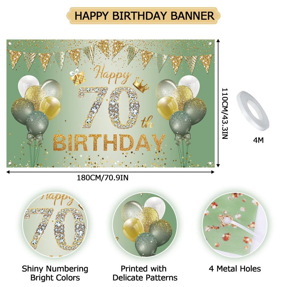 70th Birthday Decorations for Women Men, 70th Birthday Banner, 70th Birthday Backdrop Party Decorations, Sage Green Gold Happy 70th Birthday Banner Background for Birthday Anniversary Party Supplies - Image 2