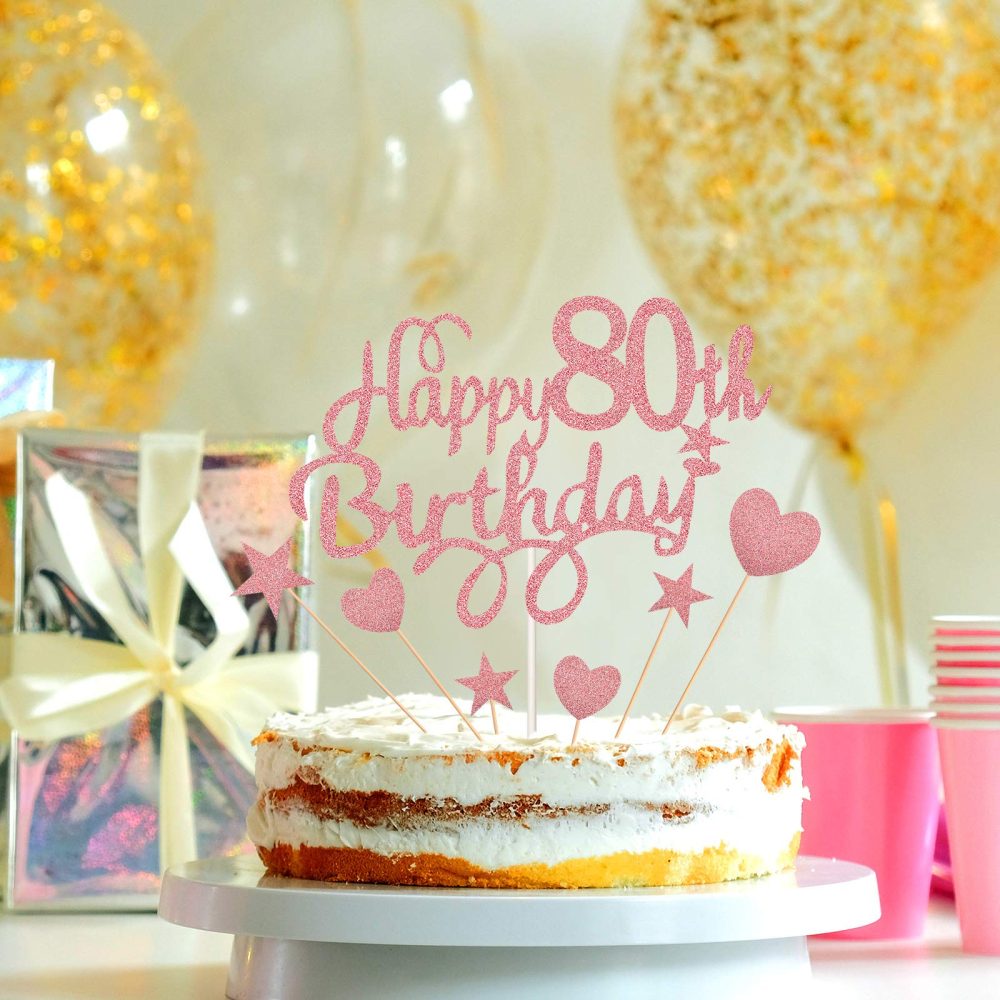 Boao 80th Birthday Cake Toppers for Ladies Women, Happy 80th Birthday Cake Topper with Star Heart Cake Topper 80th Birthday Cake Decorations for Birthday Party Cake Supplies, Rose Gold - Image 3