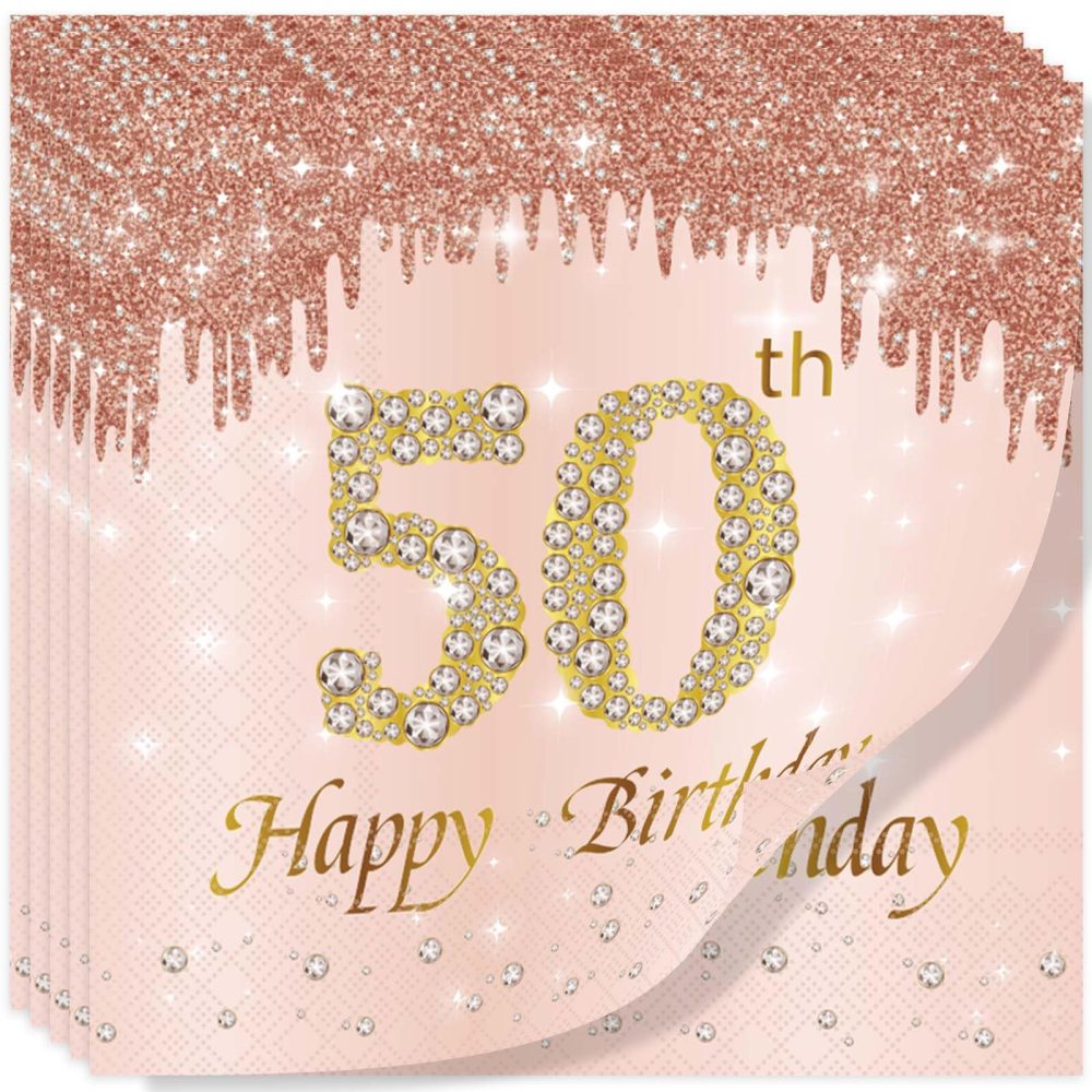 Rose Gold Happy 50th Birthday Napkins, Women 50th Birthday 20Pcs Party Paper Napkins Disposable,Her 50th Birthday Gifts Party Supplies,Tableware Decorations ,Birthday Serviettes Tissue Luncheon Dinner