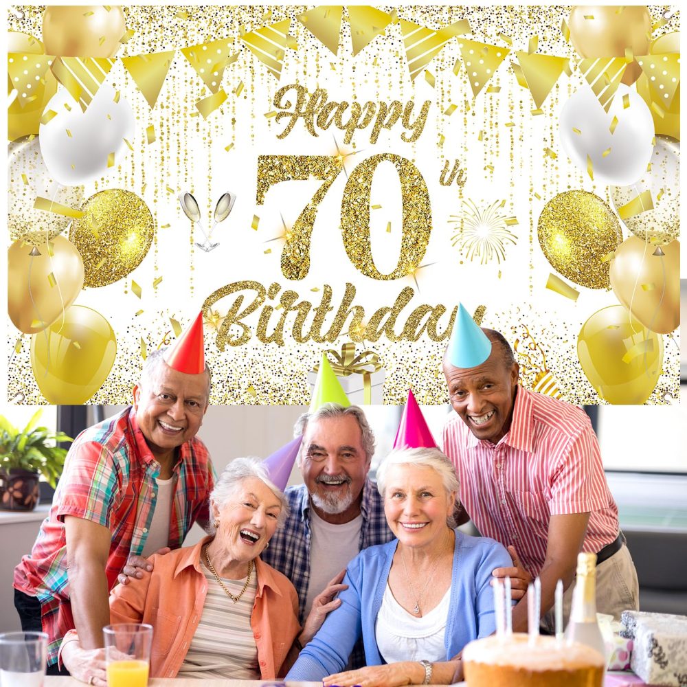 70th Birthday Decorations Banner for Women Men White Gold Happy 70th Birthday Banner Backdrop for White Gold 70th Birthday Party, 70th Anniversary Decorations 72x43 inch - Image 3
