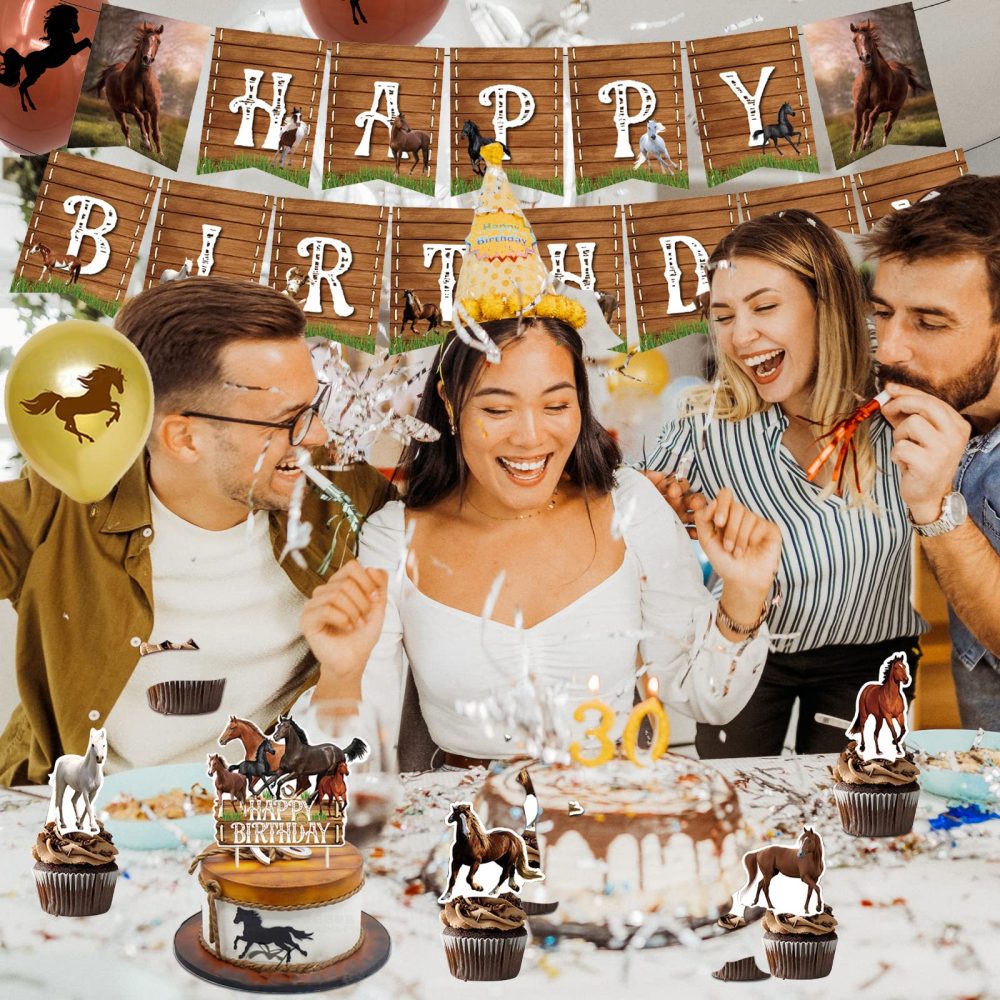 Gukasxi 44 Pieces Horse Birthday Party Decorations, Horse Theme Birthday Party Supplies with Happy Birthday Banner Set, Horse Cake Toppers and Horse Balloons, Western Cowboy Birthday Party decorations - Image 2