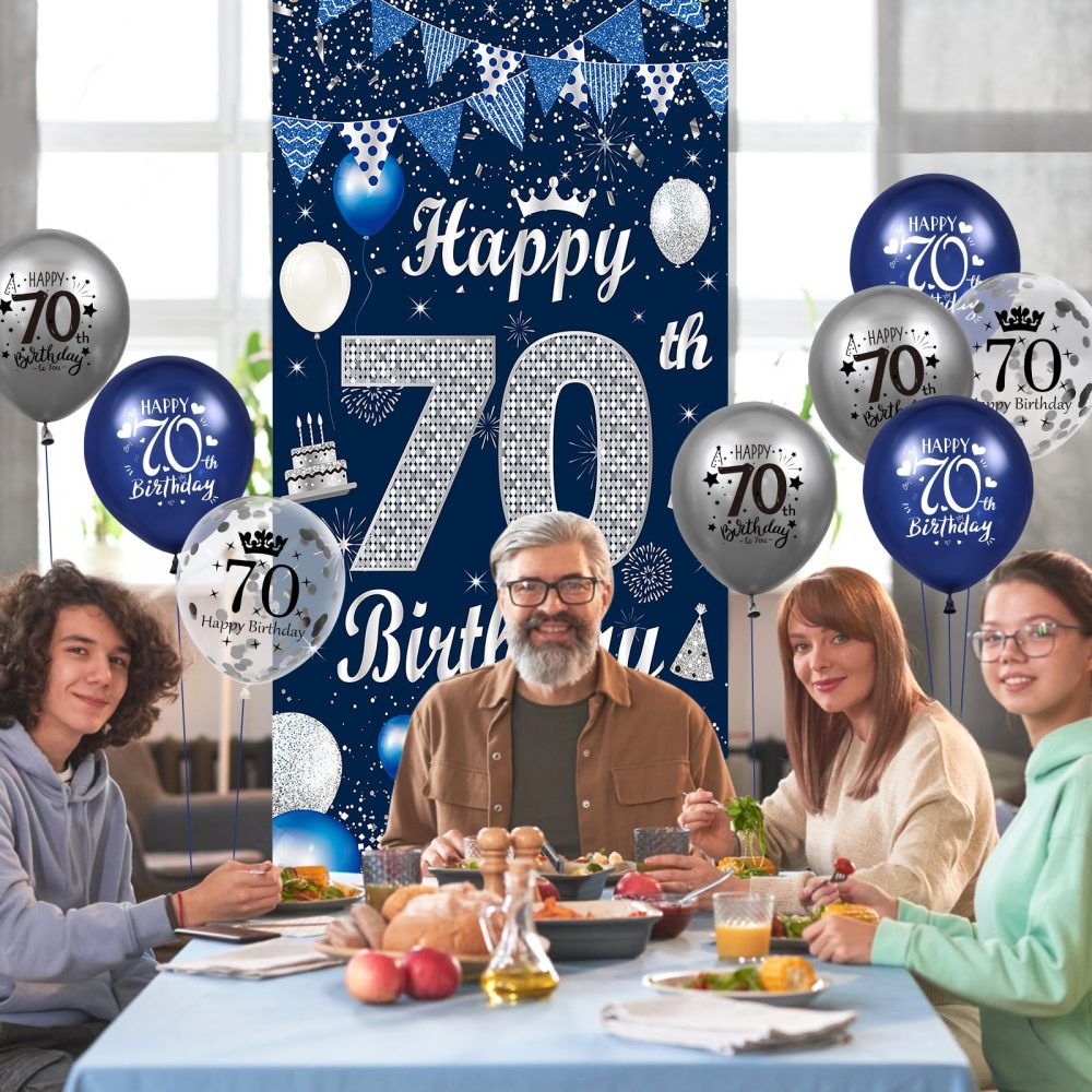 RUMIA Blue 70th Birthday Decorations for Men Navy Blue Silver Happy 70th Birthday Door Banner Cover and 18Pcs Blue Silver 70th Birthday Balloons for Men Women 70th Birthday Party Decor - Image 5