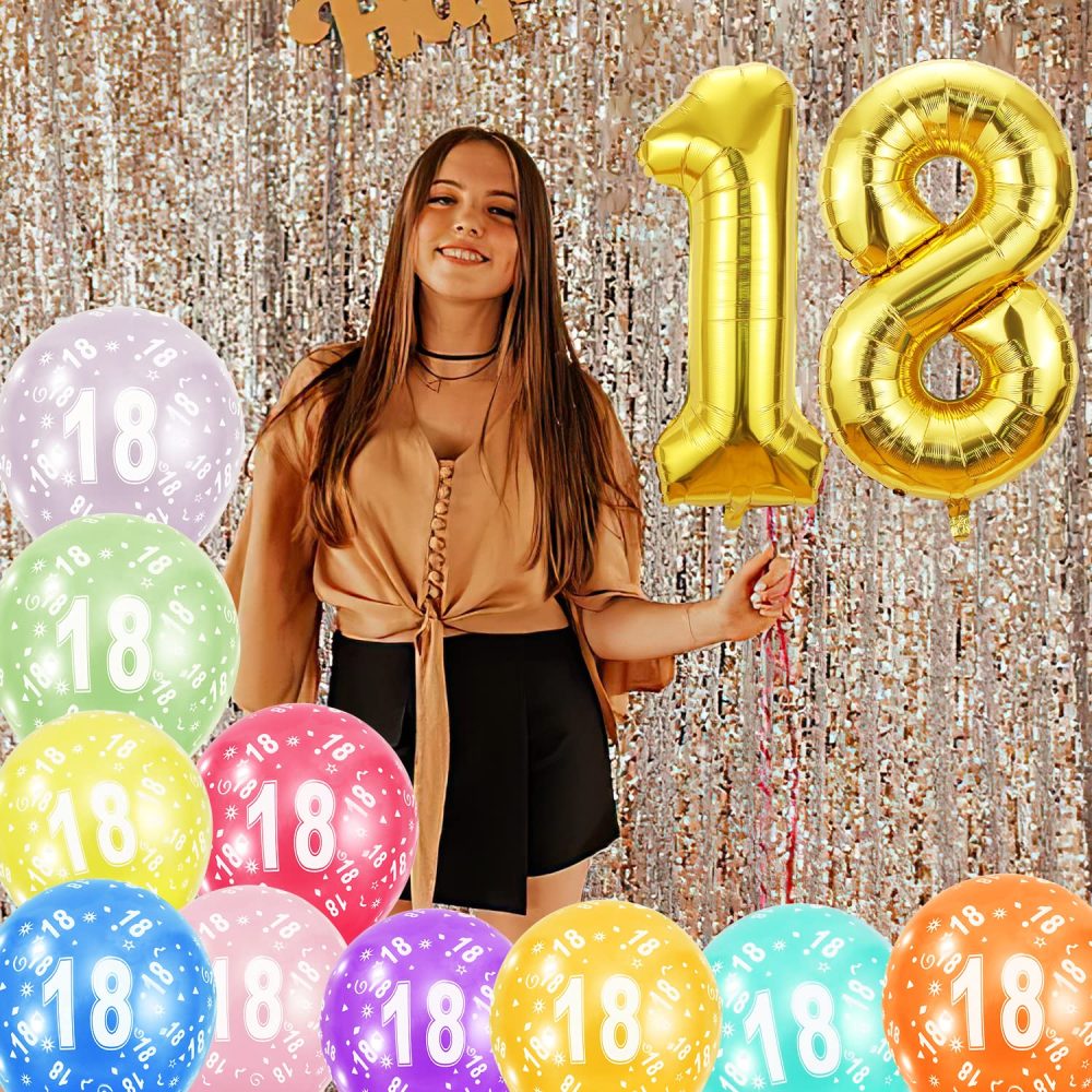18th Birthday Balloons,Gold Number 18 Balloon and 20pcs 12" Multicoloured Numbers Printed Latex Age Balloons,Birthday Balloons for Girls Boys Birthday Decorations,18th Anniversary Party Supplies - Image 3