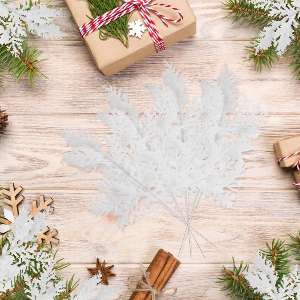 VEYLIN 10 Pcs Artificial Christmas Leaves Picks, White Glitter Leaves for Xmas Tree Wreath Festival Decoration - Image 4