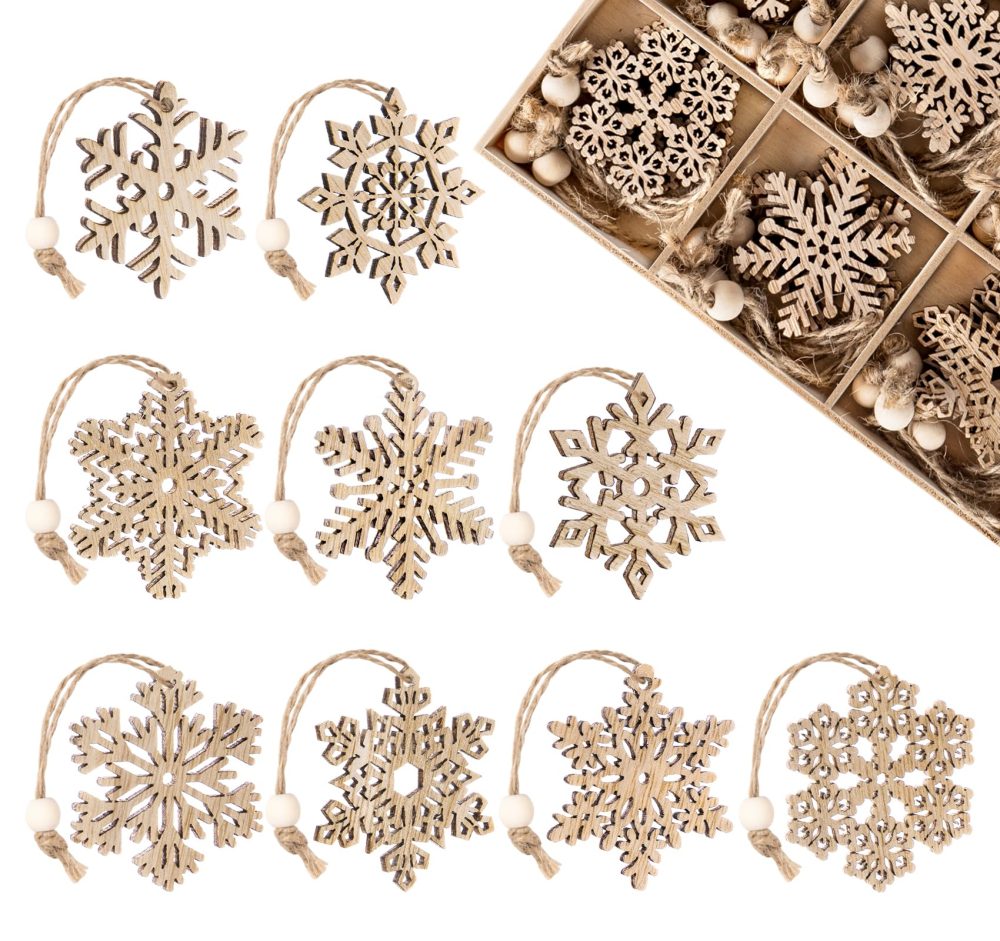 Mocraft 36pcs Wooden Snowflakes Vintage Christmas Pendant Wood Christmas Pendant Christmas Tree Snowflake Hanging Ornaments Christmas Decoration With Hemp Rope (Brown)