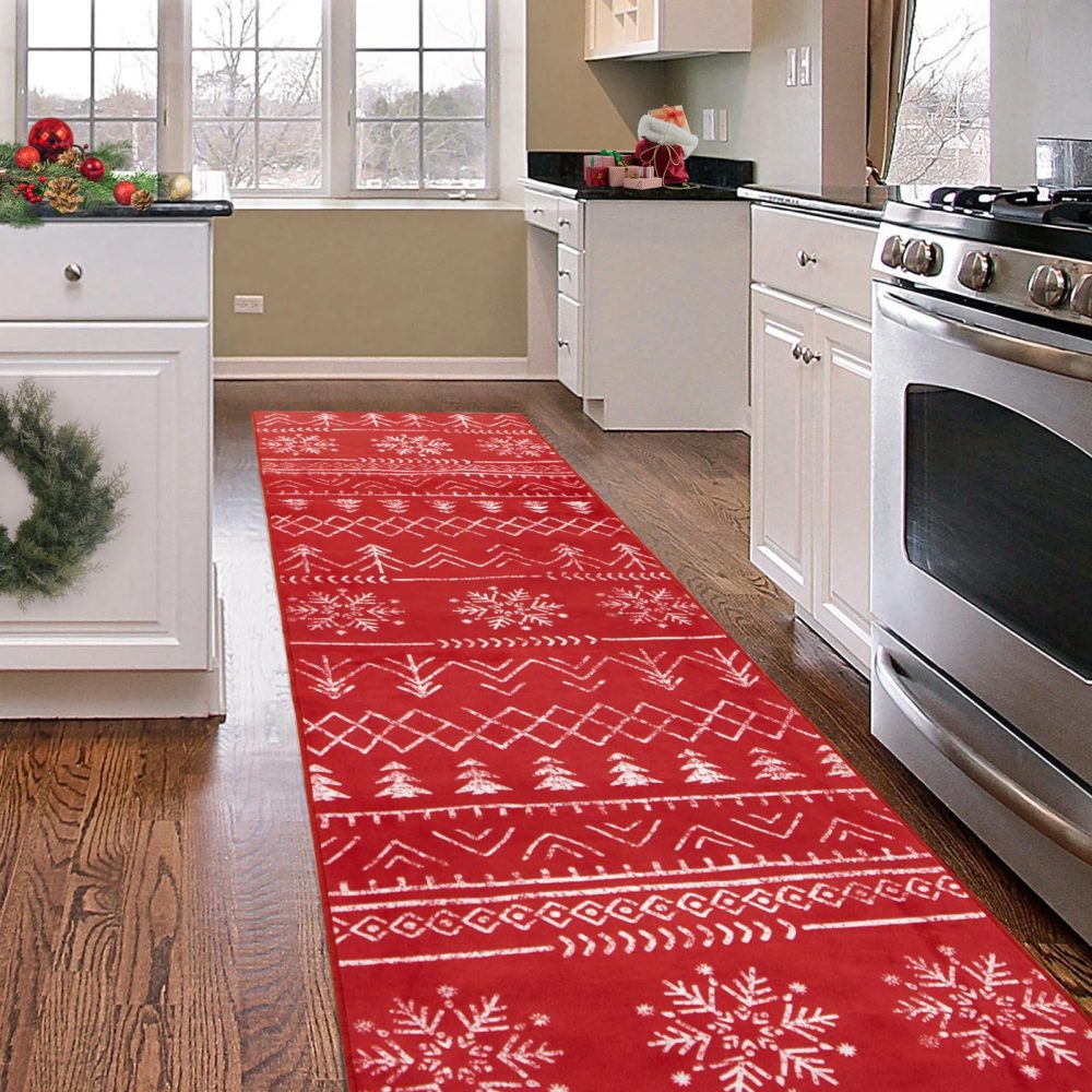 Carvapet Christmas Runner Rug for Hallway 60x300cm Soft Long Floor Carpet Runner Non Slip Washable Microfiber Snowflake Xmas Red Area Rug for Entryway Corridor Kitchen Laundry Room - Image 3
