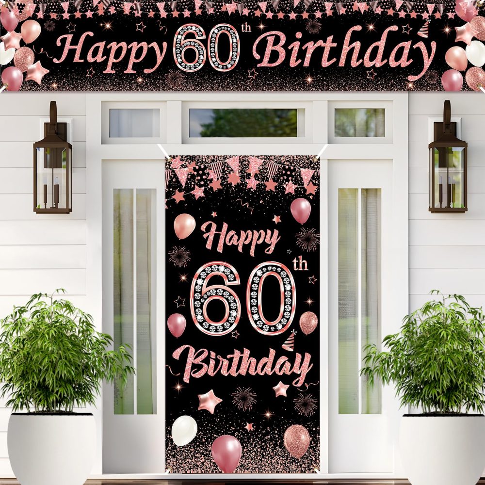 60th Birthday Decorations Banner for Women, Black Rose Gold 60th Birthday Banner with 60th Birthday Door Cover Porch Banner Sign for 60th Birthday Anniversary Party Supplies Indoor Outdoor Decor