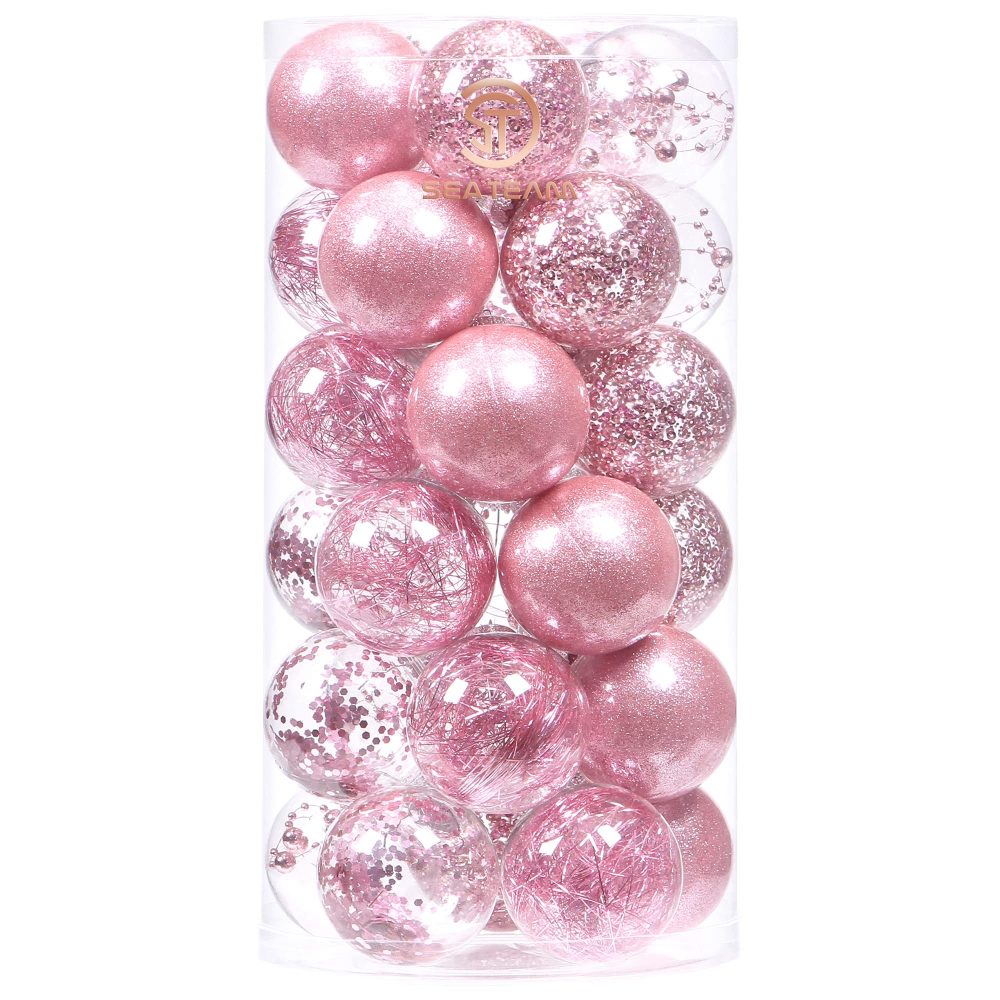 Sea Team 60mm/2.36" Shatterproof Clear Plastic Christmas Ball Ornaments Decorative Xmas Balls Baubles Set with Stuffed Delicate Decorations (30 Counts, Pink)