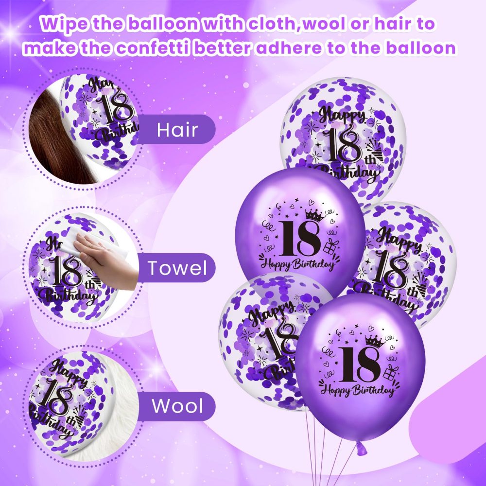 18th Birthday Balloons 18Pcs Purple Happy 18th Birthday Balloons Confetti Balloons Purple 18th Birthday Party Decorations Balloons for Girls Boys 18th Anniversary Birthday Decor Supplies 12 inches - Image 5