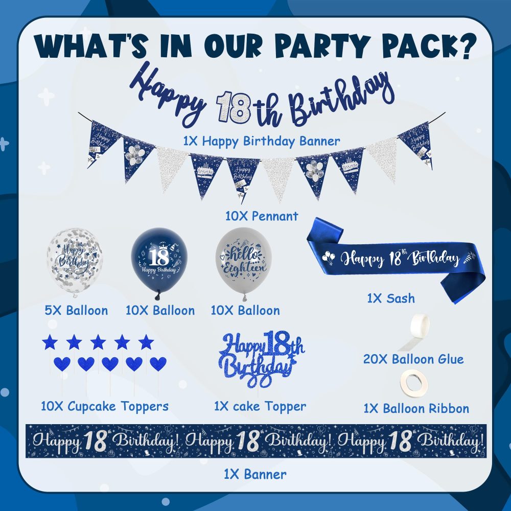 18th Birthday Decorations Boys Girls - 39Pcs Blue Silver Happy 18th Birthday Banner Set With Bunting Banners Sash 18th Latex Balloons Blue Cake Toppers for 18 Years Birthday Party Supplies - Image 7
