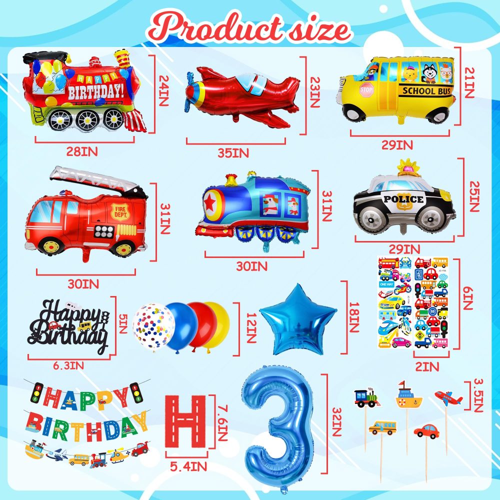 Transportation 3rd Birthday Decorations Boy - Transport Vehicle Themed Party Set Includes Banner Cake Topper Stickers Latex Train Plane Fire Truck Balloons for 3 Year Old Boys Cars Party Supplies - Image 6