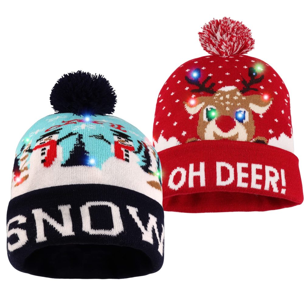 2PCS LED Christmas Hats, LED Light Up Christmas Hat, Light Up Knitted Santa Hat, Light Up Xmas Hat - New Year Party Hats for Kids, Adults