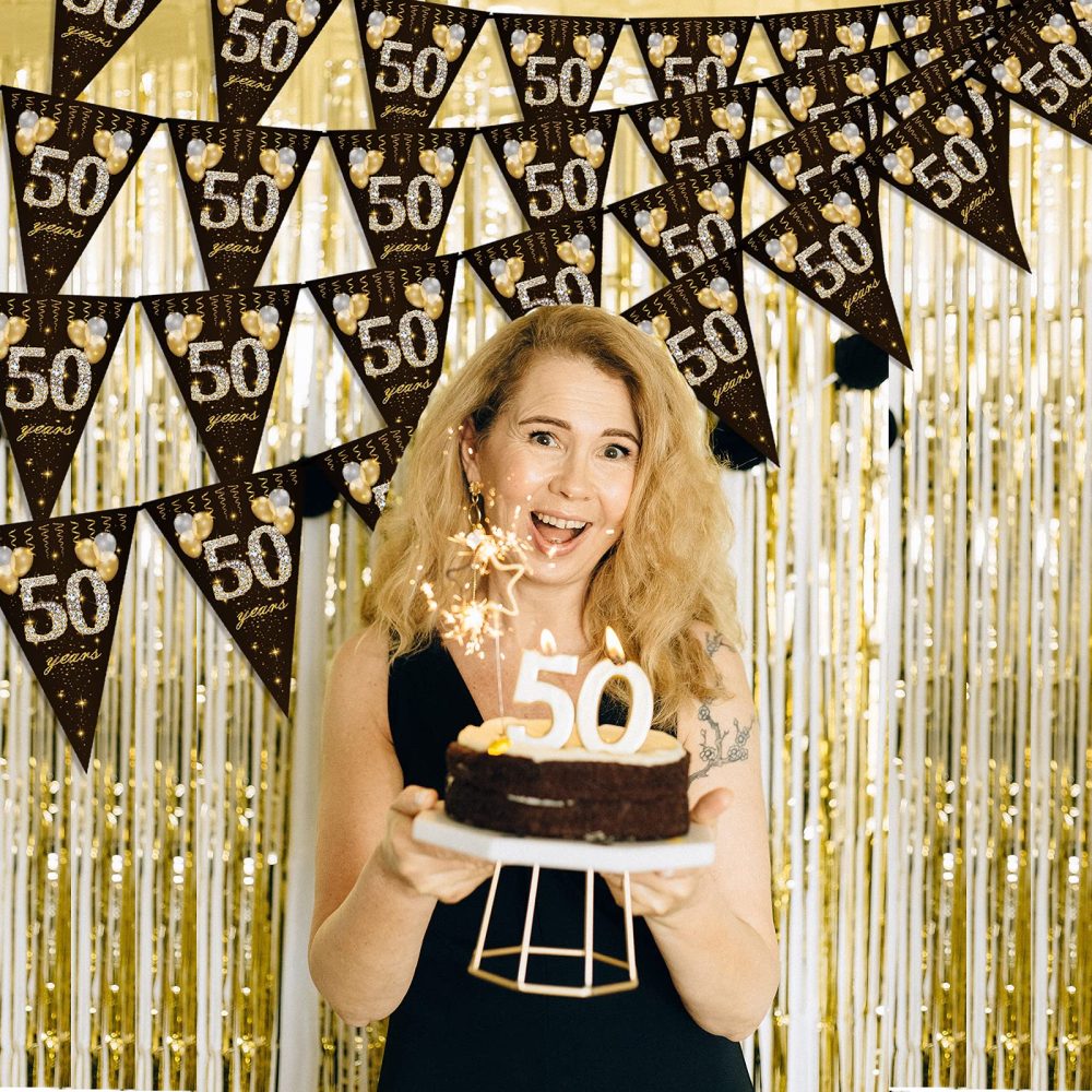 50th birthday bunting, Happy Banner Bunting Flags, 40 Pieces Triangle Gold Black Glitter Diamond by Numbers 50th Birthday Anniversary Theme Party Decoration Supplies - Image 3