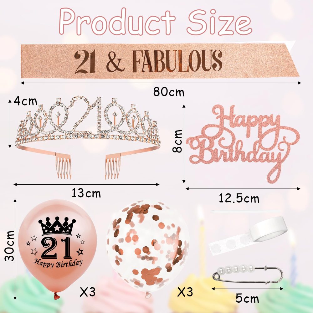 Auliuse 21th Birthday Sash and Tiara Set for Girls, Rose Gold Birthday Sash Crown with Balloons Happy Birthday Cake Topper Party Decorations Supplies, Happy Birthday Gifts for Women (21 Years Old) - Image 5