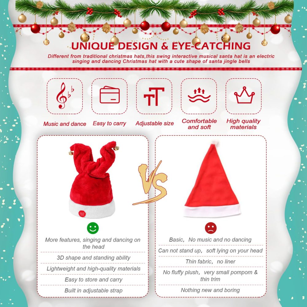 Gfilay Music Swinging Electric Christmas Hat Dancing Bells Plush Singing and Dancing Electric Santa Hat Interactive Musical Christmas Hat for Adults Kids Gift Funny Christmas Decor,27" - Image 3