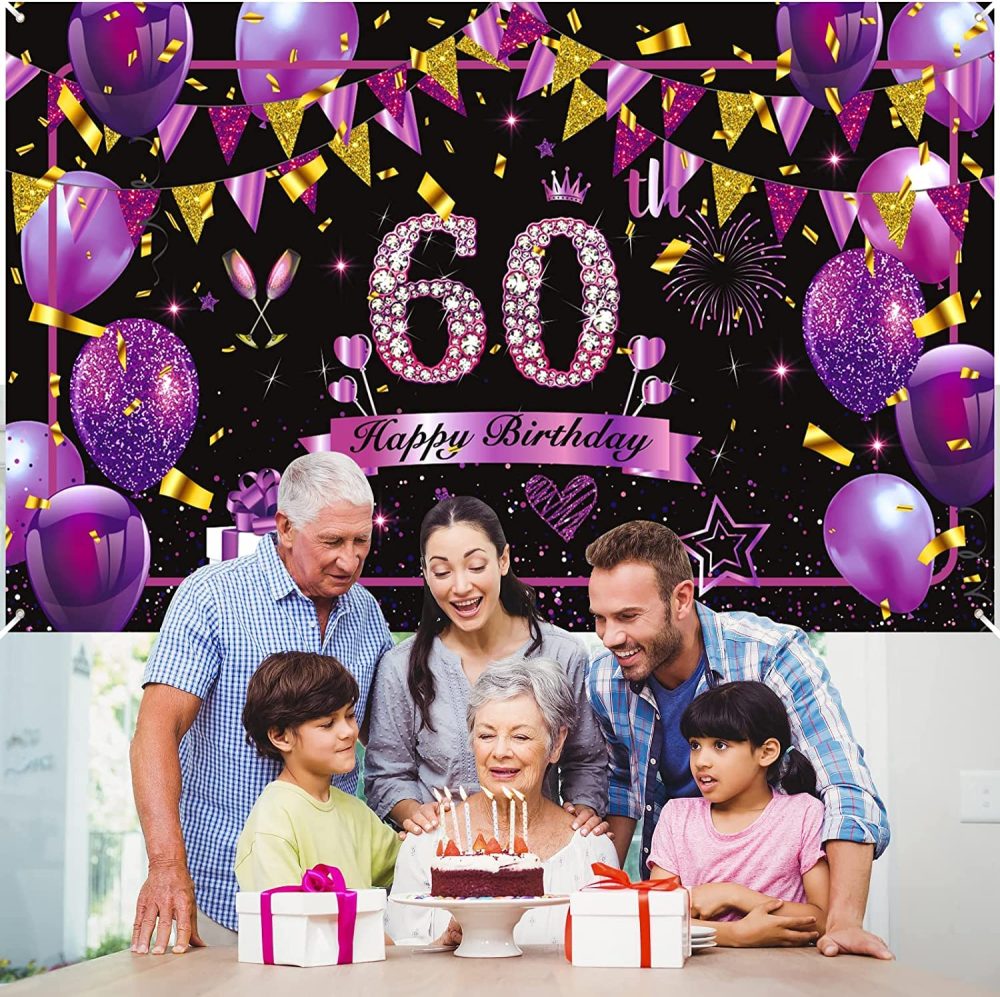 RUMIA Purple 60th Birthday Decor Banner Purple Black Gold Happy Birthday Sign Large Shiny Purple Black 60th Birthday Backdrop Background Photo Booth Women 60th Birthday Anniversary Party Supplies - Image 6