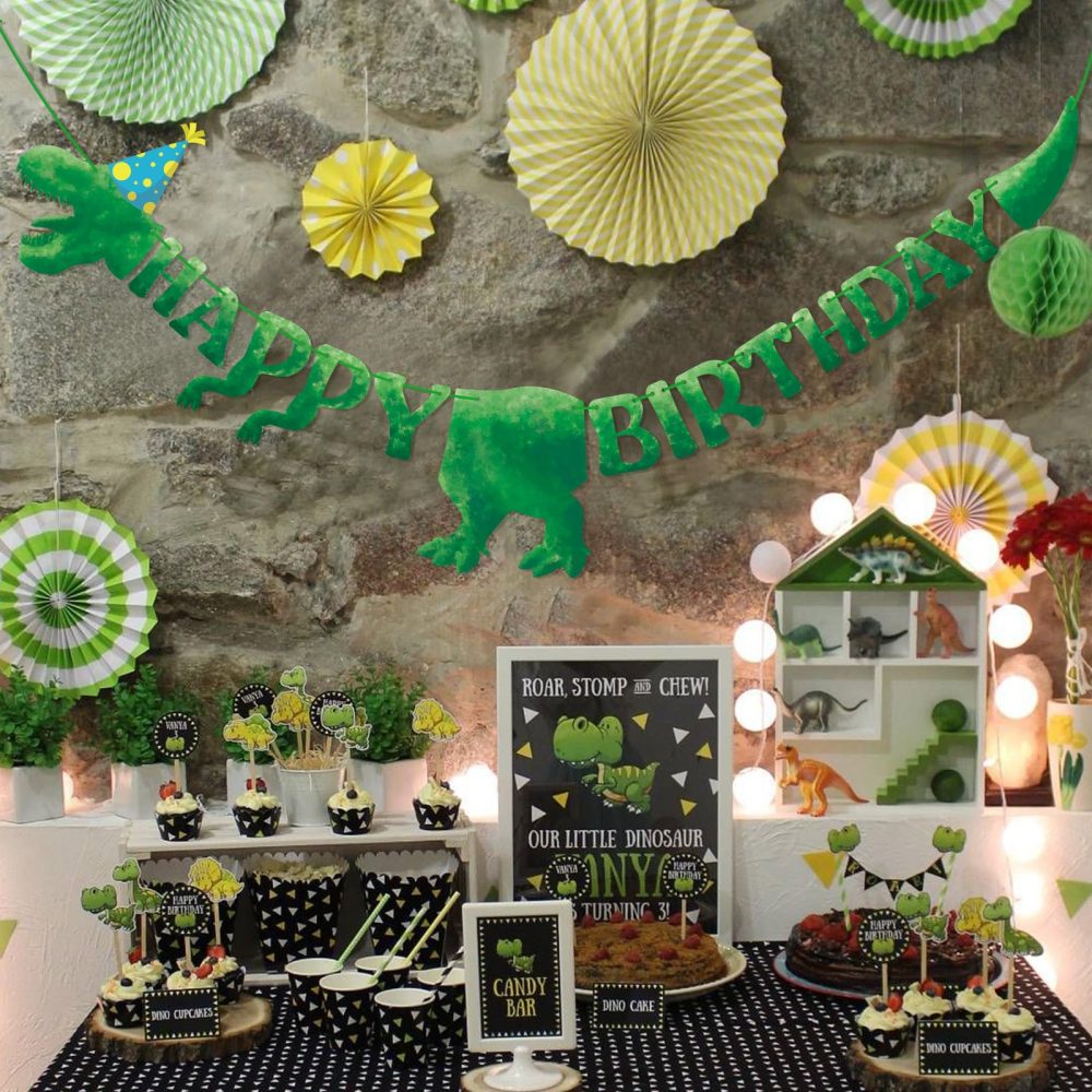 Fowecelt Dinosaur Happy Birthday Banners - Personalised Dinosaur Bunting Large Size 59 Inch / 5 Ft, for Birthday Banner Decorations Party Supplies Boy Girl (Green) - Image 8
