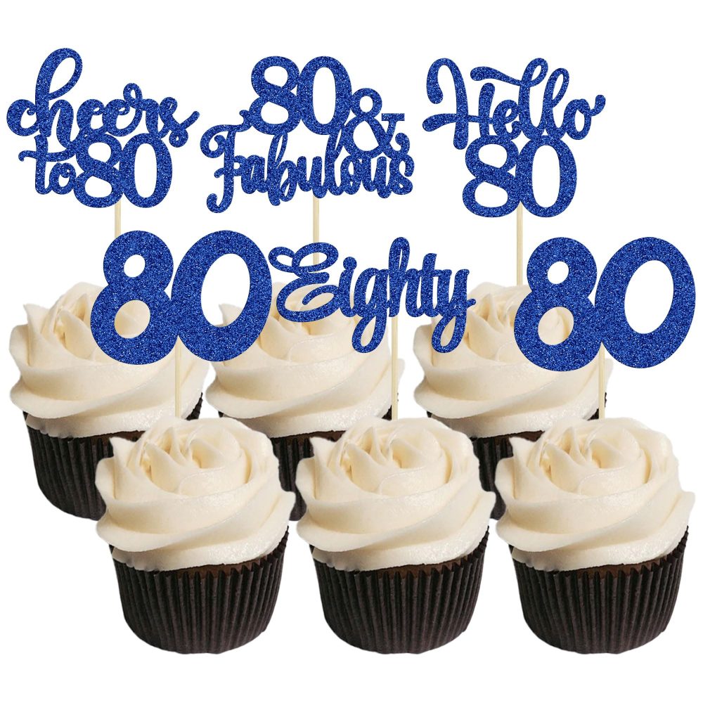 30Pcs Happy 80th Birthday Cupcake Toppers Eighty Cheers to 80 Years Old Birthday Cupcake Picks for Happy 80th Birthday Anniversary Party Cake Decorations Deep Blue Glitter