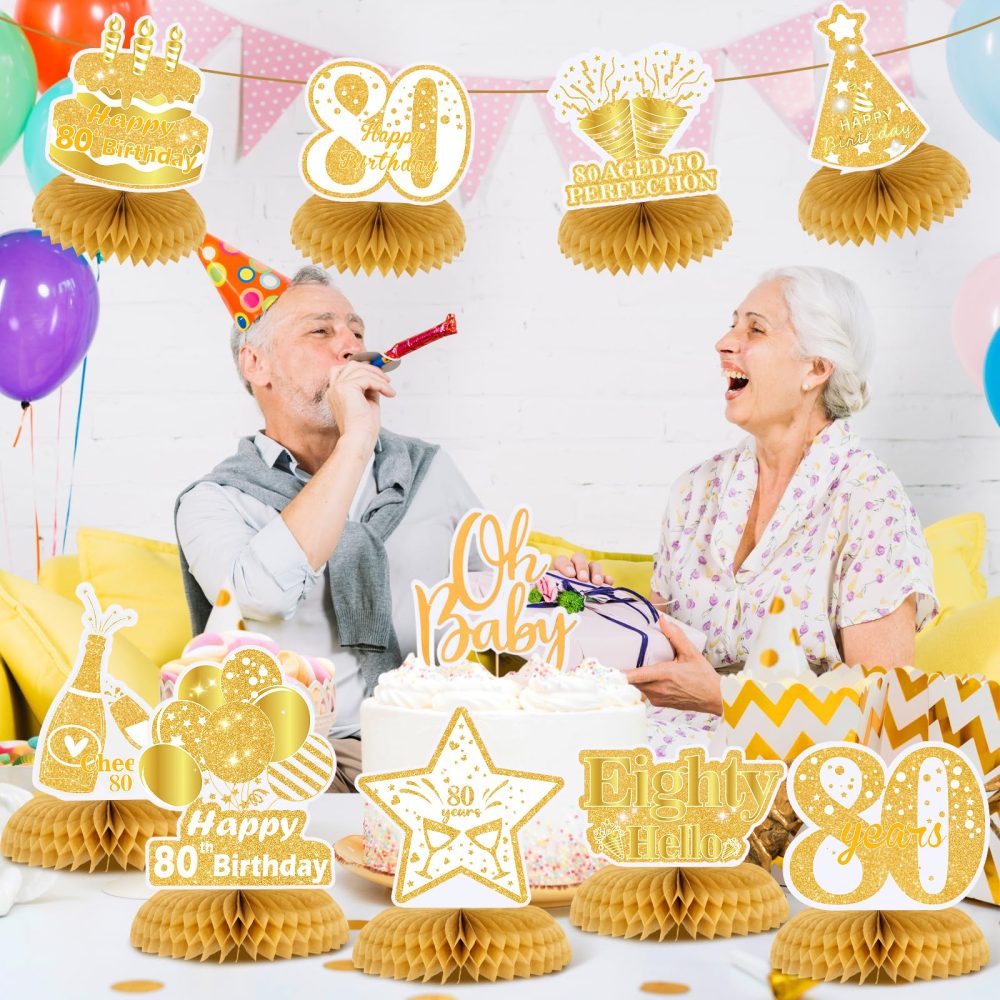 9Pcs White Gold 80th Birthday Decorations for Women White Gold Happy 80th Birthday Honeycomb Centerpiece for Women Men 80th Birthday Party Centerpiece Table Decorations Supplies - Image 4