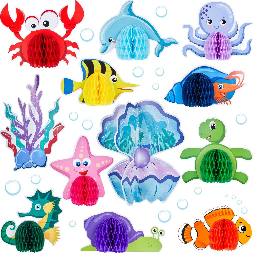 12 Pieces Ocean Sea Animal Honeycomb Centerpiece Under the Sea Table Decorations Ocean Themed Marine Creature Decoration Fish Mermaid Table Honeycomb for Beach Themed Birthday Party Baby Shower