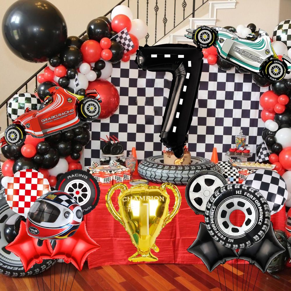 Racing Car 7th Birthday Decorations - 15 Pieces Race Car Helmet Tire Checkered Flag Shape Balloons, 40 Inch Number 7 Foil Balloon, Boys 7 Years Old Birthday Theme Party Supplies - Image 3