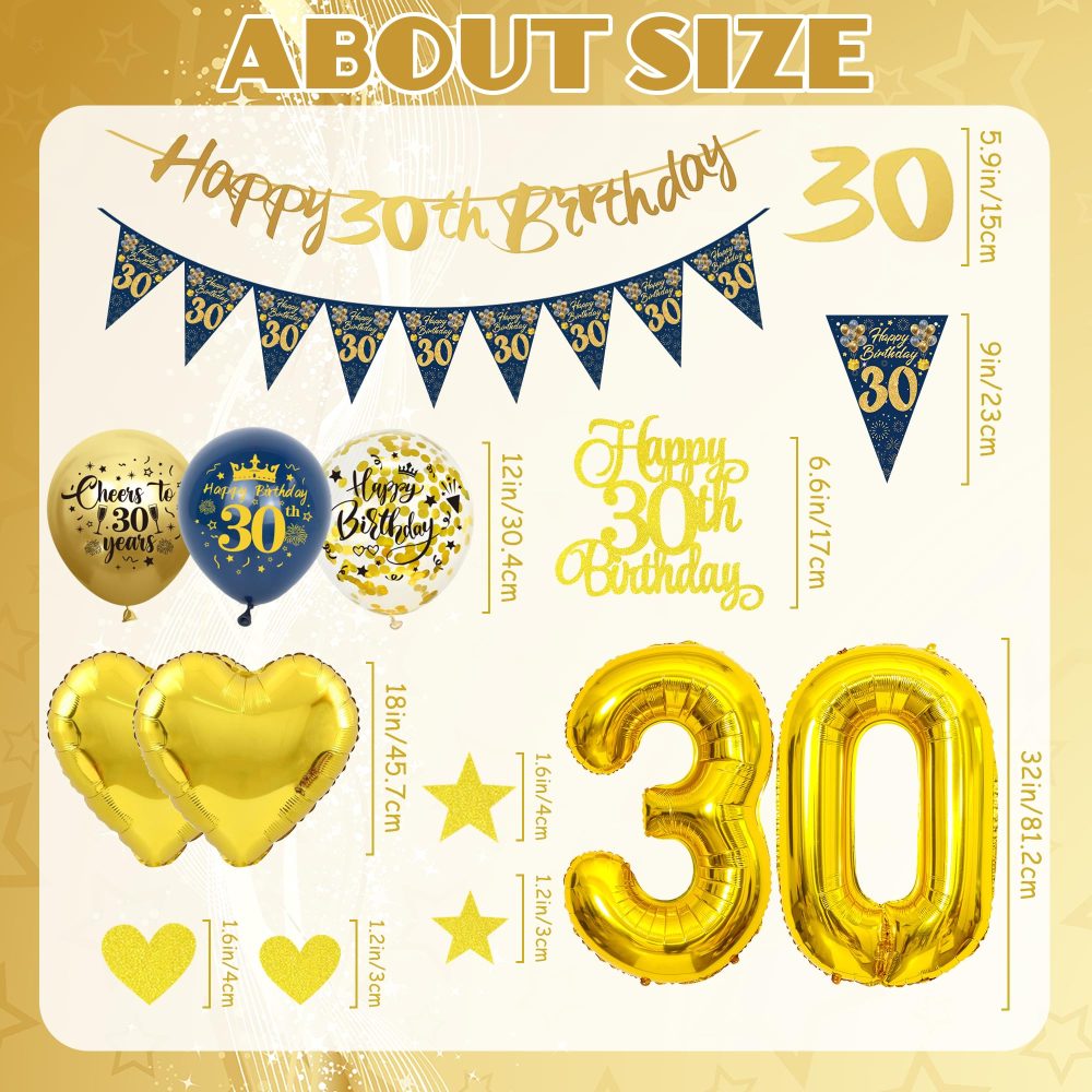 30th Birthday Decorations for Men - Blue and Gold 30th Birthday Banners Pennant Cake Topper Latex Balloon Number Balloon Heart Foil Balloon Suitable for 30th Birthday Party Supplies - Image 6