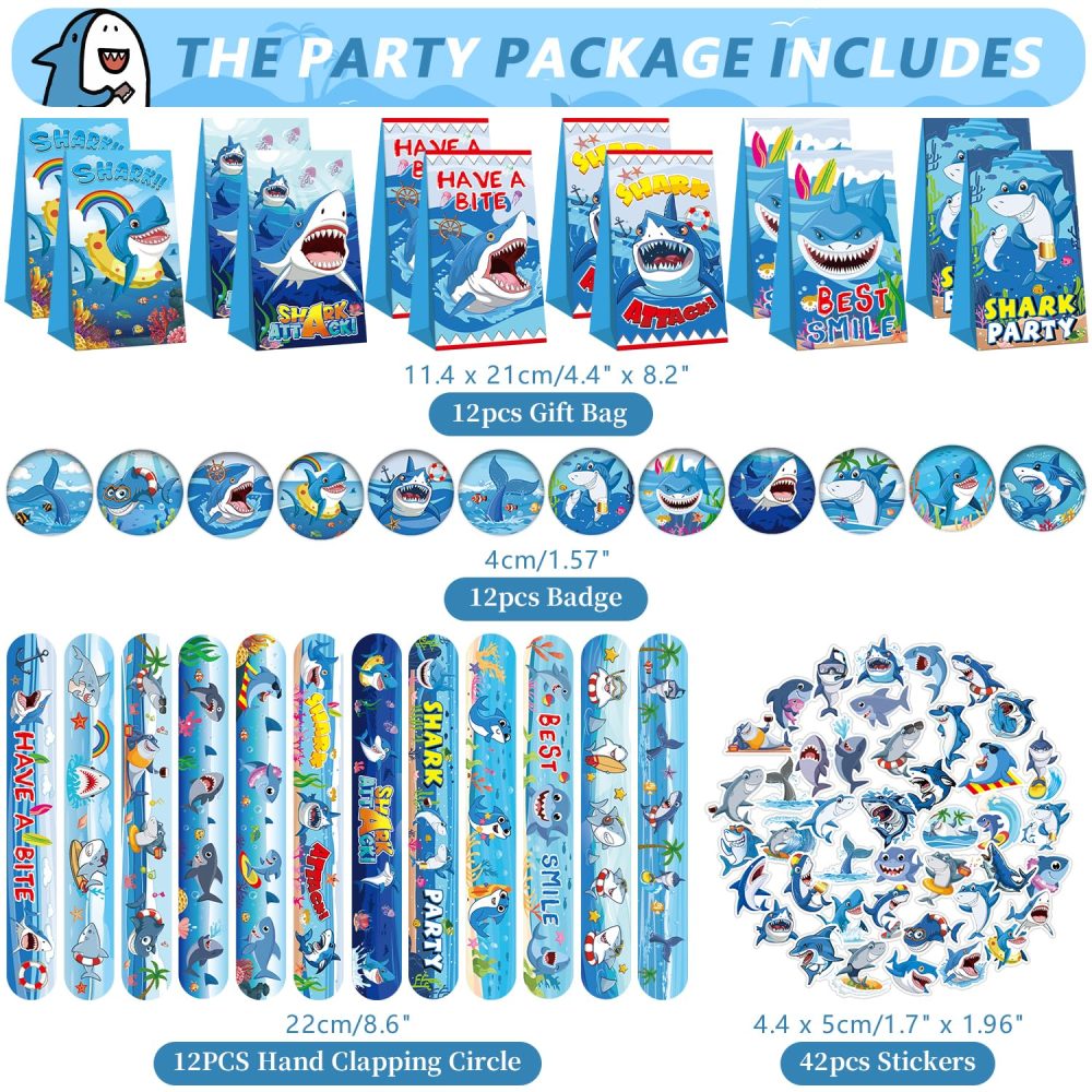 114PCS Shark Party Favors Set - 12 Shark Bracelets Wristbands 54 Shark Stickers 12 Shark Favor Bag 12 Shark Tattoo Stickers 12 Shark Notepads 12 Shark Button Pins for Ocean Shark Party Supplies - Image 7