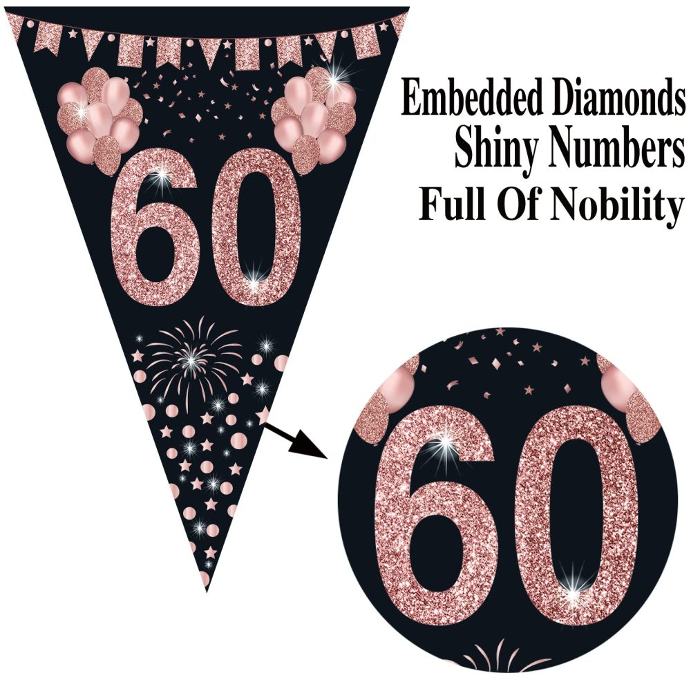 60th birthday bunting, Happy Banner Bunting Flags, 40 Pieces Triangle Rose Gold Glitter Diamond by Numbers 60th Birthday Anniversary Theme Party Decoration Supplies - Image 5