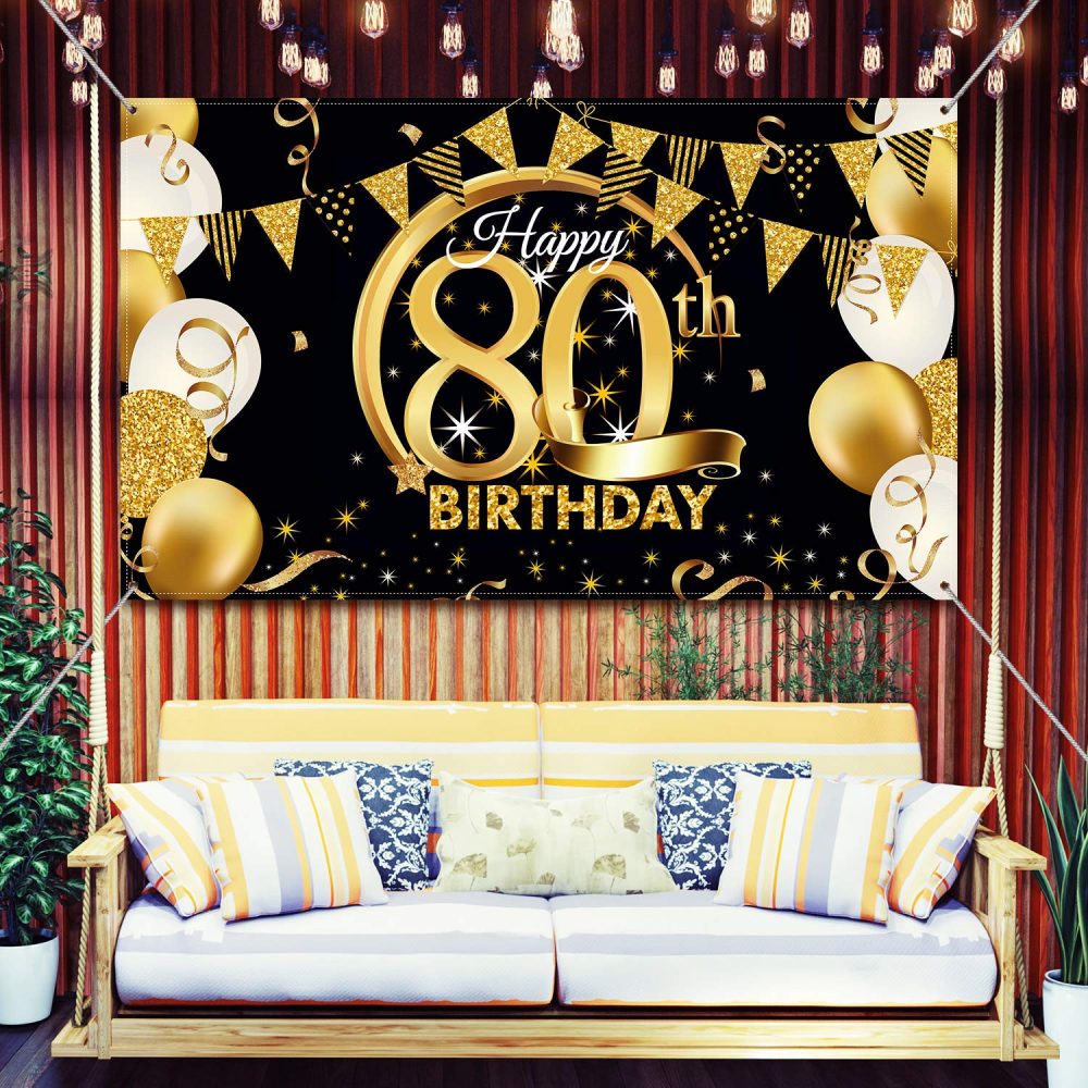 Birthday Party Decoration Extra Large Fabric Black Gold Sign Poster for Anniversary Photo Booth Backdrop Background Banner, Birthday Party Supplies, 72.8 x 43.3 Inch (80th) - Image 3
