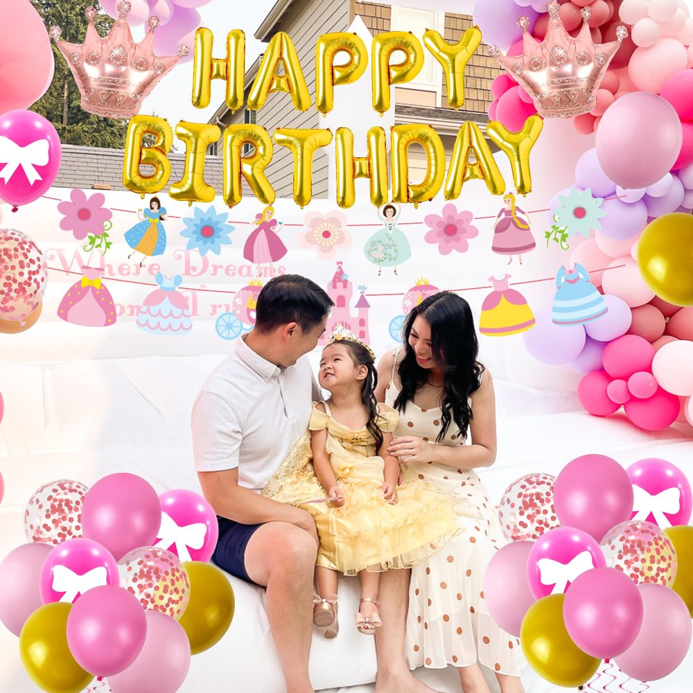 Princess Party Decorations - Princess Party Supplies Set Includes Banners Crown Balloons Latex Balloons Sash Crown Cake Topper Cupcake Toppers Suitable for Girls Birthday Decorations - Image 2