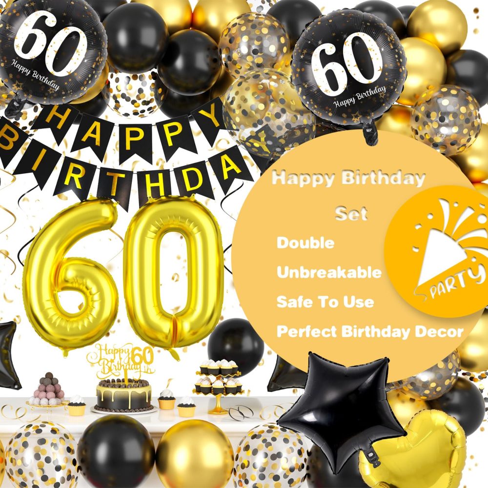 Black and Gold 60th Birthday Decorations, 60th Birthday Balloons Gold and Black 60th Party Decorations with Black Gold Balloons Happy Birthday Banner Cake Topper for Men Women 60th Birthday Supplies - Image 6