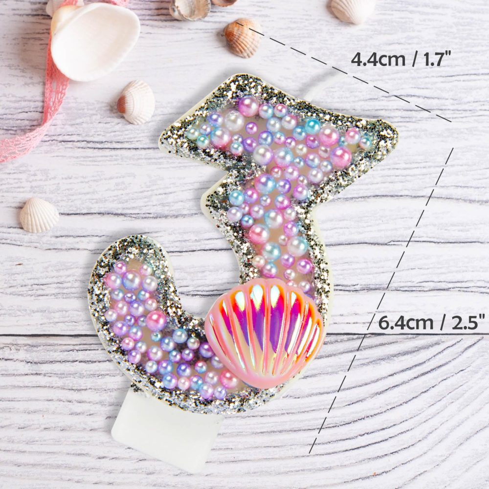 Girls Mermaid 1st Birthday Number Candles, Glitter Mermaid Number 1 Candle with Pink Shell Sequins, Pink Purple Pearls Cake Candles for Girls Mermaid Themed Birthday Decorations Party Supplies - Image 7
