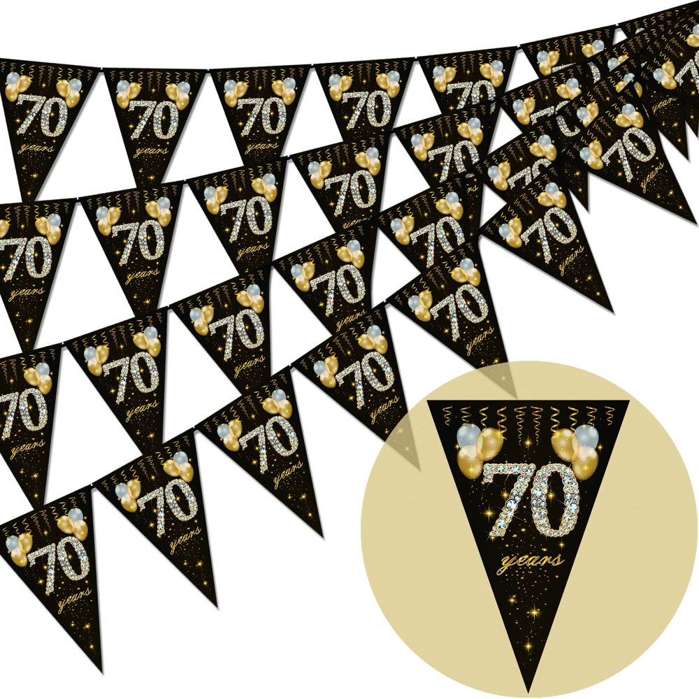 70th birthday bunting, Happy Banner Bunting Flags, 40 Pieces Triangle Gold Black Glitter Diamond by Numbers 70th Birthday Anniversary Theme Party Decoration Supplies