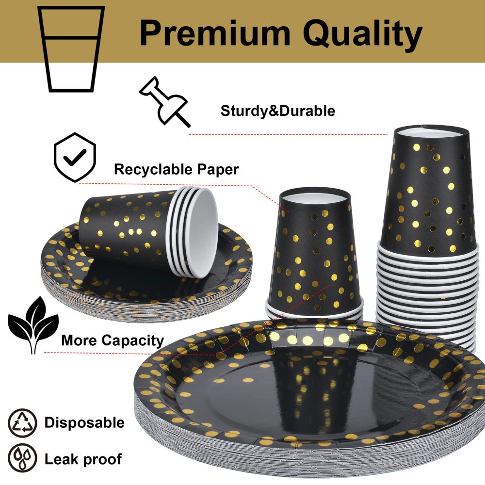 202pcs Eco-Friendly Gold & Black Party Paper Plates and Cutlery Napkins Cups Tablecloth Banner Supplies Set, Tableware Dinnerware Dining Sets for Wedding Birthday Anniversary Graduation Decorations - Image 8